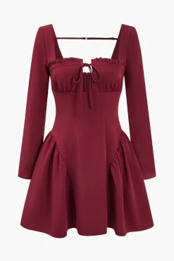 MICAS Mini Dresses|Long Sleeve Dresses-Solid Backless Ruched Tie-Up Mini Dress MAROON