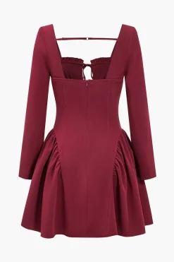 MICAS Mini Dresses|Long Sleeve Dresses-Solid Backless Ruched Tie-Up Mini Dress MAROON