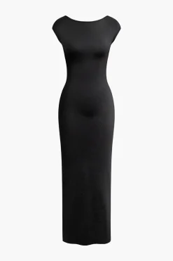MICAS Maxi Dresses-Solid Backless Short Sleeve Maxi Dress