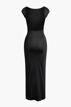 MICAS Maxi Dresses-Solid Backless Short Sleeve Maxi Dress