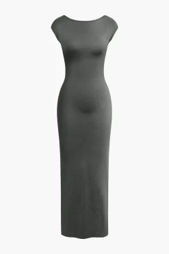 MICAS Maxi Dresses-Solid Backless Short Sleeve Maxi Dress