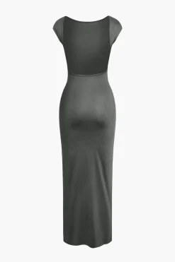 MICAS Maxi Dresses-Solid Backless Short Sleeve Maxi Dress