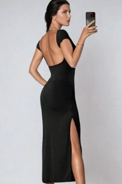 MICAS Maxi Dresses-Solid Backless Short Sleeve Maxi Dress