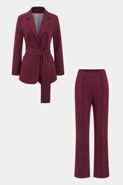 MICAS Blazers|Pant Sets-Solid Belt Blazer And Pants Set BURGUNDY