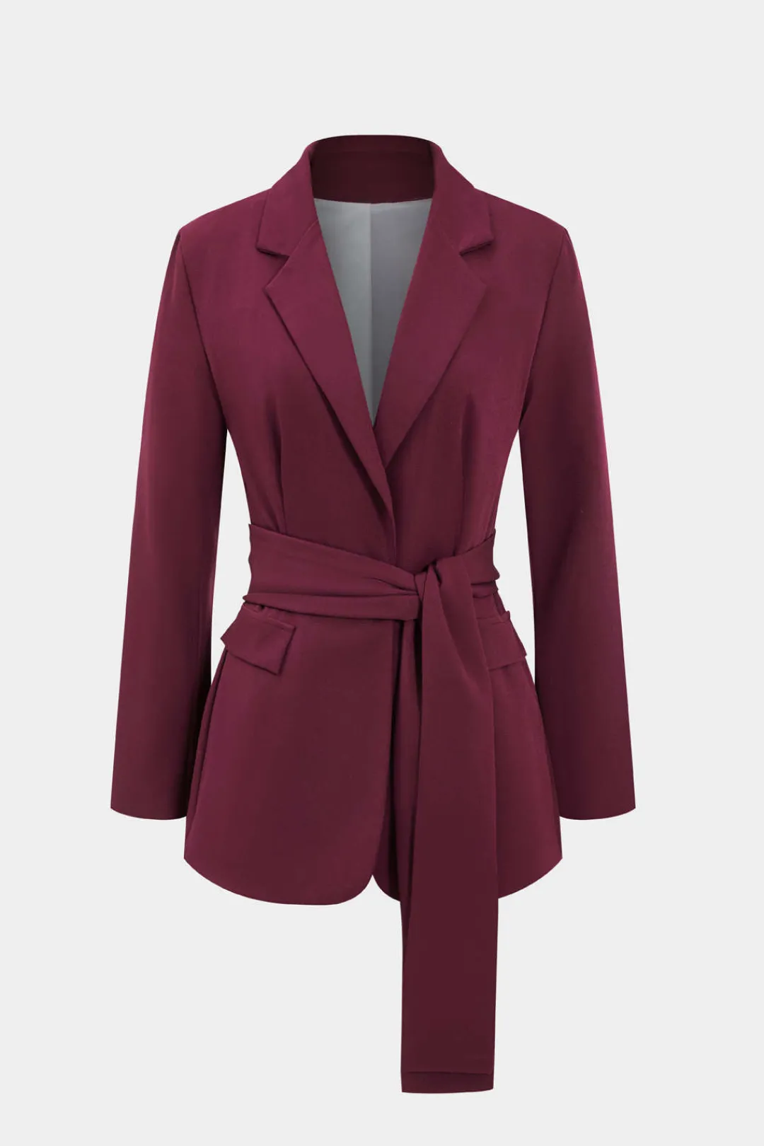 MICAS Blazers|Pant Sets-Solid Belt Blazer And Pants Set BURGUNDY