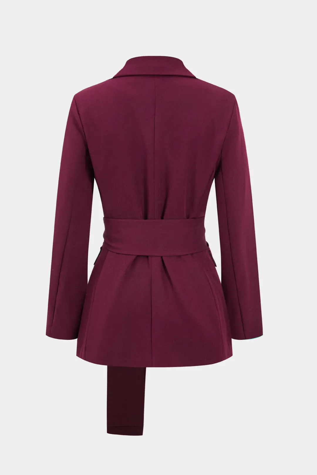 MICAS Blazers|Pant Sets-Solid Belt Blazer And Pants Set BURGUNDY