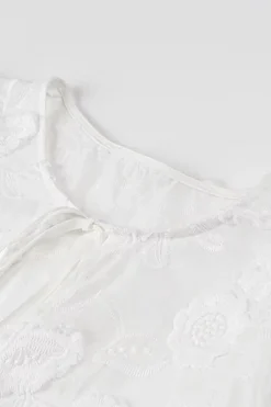 MICAS Blouses & Shirts-Solid Bow Embroidery Tie-Up Short-Sleeve Shirt WHITE