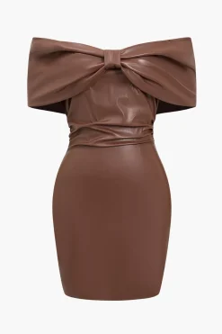 MICAS Mini Dresses-Solid Bow Faux Leather Off Shoulder Mini Dress BROWN