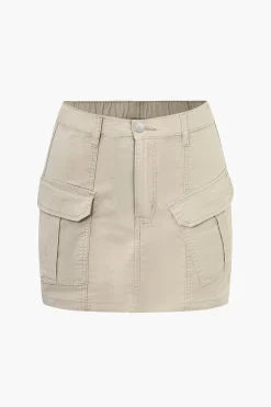 MICAS Skirts-Solid Button Asymmetrical Pocket Zipper Mini Skirt KHAKI