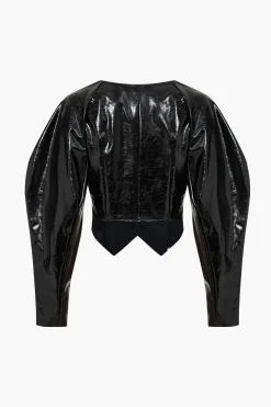 MICAS Outerwear|Outerwear-Solid Button Faux Leather Jacket BLACK