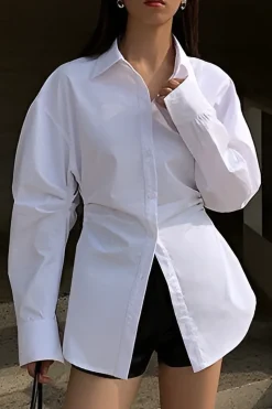 MICAS Long Sleeve Tops|Long Sleeves Tops-Solid Button Long-Sleeve Shirt