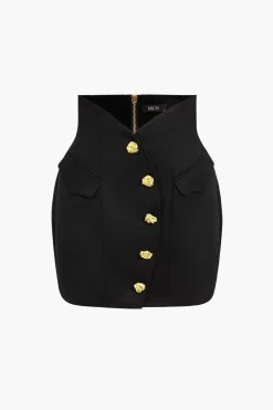 MICAS Skirts-Solid Button Mini Skirt BLACK