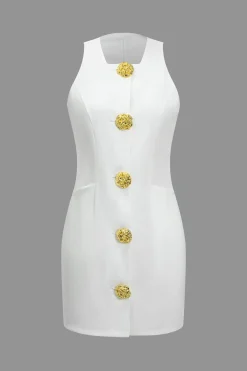 MICAS Mini Dresses-Solid Button Sleeveless Mini Dress WHITE