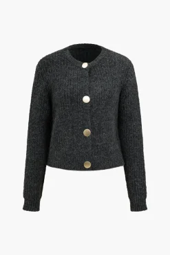 MICAS Outerwear|Outerwear-Solid Button Sweater Cardigan DARK GRAY