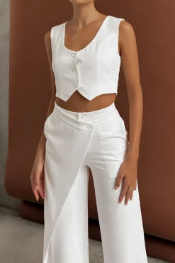 MICAS Pant Sets|Vacation Sets-Solid Button Up Crop Vest And Asymmetrical Trouser Set WHITE