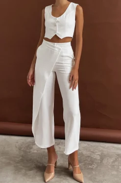 MICAS Pant Sets|Vacation Sets-Solid Button Up Crop Vest And Asymmetrical Trouser Set WHITE