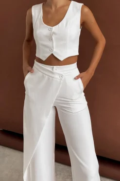 MICAS Pant Sets|Vacation Sets-Solid Button Up Crop Vest And Asymmetrical Trouser Set WHITE
