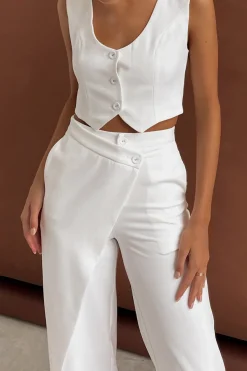 MICAS Pant Sets|Vacation Sets-Solid Button Up Crop Vest And Asymmetrical Trouser Set WHITE