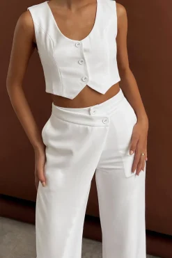 MICAS Pant Sets|Vacation Sets-Solid Button Up Crop Vest And Asymmetrical Trouser Set WHITE
