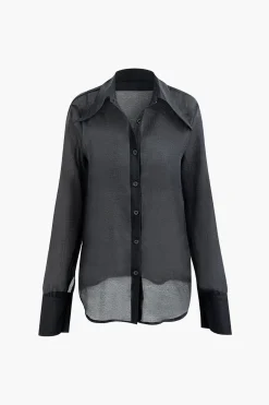 MICAS Long Sleeve Tops|Long Sleeves Tops-Solid Button Up Long Sleeve Shirt And Ruffle Hem Mini Skirt Set BLACK