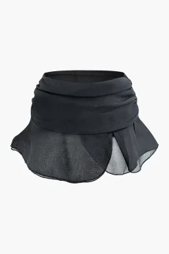 MICAS Long Sleeve Tops|Long Sleeves Tops-Solid Button Up Long Sleeve Shirt And Ruffle Hem Mini Skirt Set BLACK