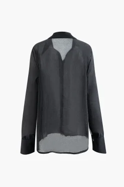 MICAS Long Sleeve Tops|Long Sleeves Tops-Solid Button Up Long Sleeve Shirt And Ruffle Hem Mini Skirt Set BLACK