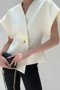 MICAS Blouses & Shirts-Solid Button V-Neck Short-Sleeve Shirt WHITE