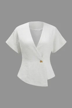 MICAS Blouses & Shirts-Solid Button V-Neck Short-Sleeve Shirt WHITE