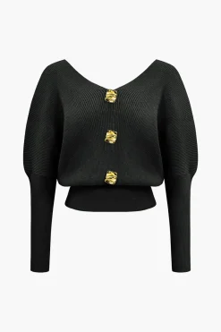 MICAS Knitwear|Knit Tops-Solid Button V-Neck Sweater Long-Sleeve Top