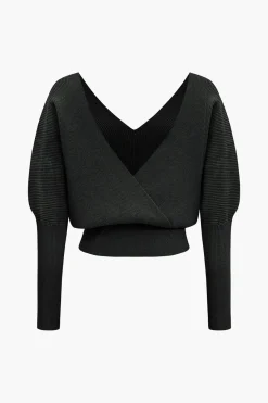 MICAS Knitwear|Knit Tops-Solid Button V-Neck Sweater Long-Sleeve Top