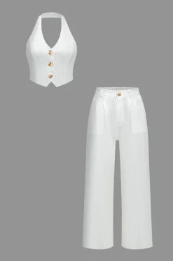MICAS Pant Sets|Vacation Sets-Solid Button V-Neck Top And Trouser Set WHITE