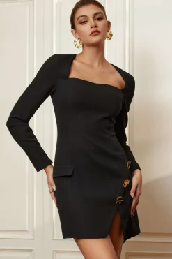 MICAS Long Sleeve Dresses|Mini Dresses-Solid Button Zipper Asymmetrical Mini Dress BLACK