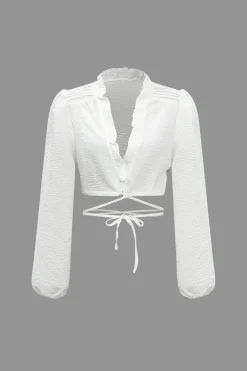 MICAS Long Sleeve Tops|Long Sleeves Tops-Solid Chiffon Tie Front Crossed Scallop Edge Long-Sleeve Shirt WHITE