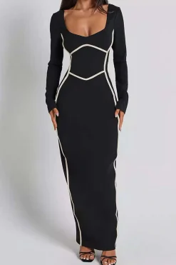 MICAS Long Sleeve Dresses|Maxi Dresses-Solid Contrast Binding Slit Maxi Dress BLACK