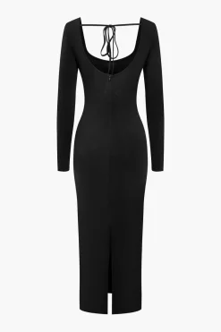 MICAS Long Sleeve Dresses|Maxi Dresses-Solid Contrast Binding Slit Maxi Dress BLACK