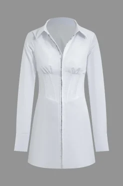 MICAS Long Sleeve Dresses|Mini Dresses-Solid Corset Long Sleeve Mini Dress WHITE