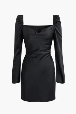 MICAS Long Sleeve Dresses|Mini Dresses-Solid Cowl Neck Long Sleeve Mini Dress BLACK