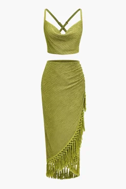 MICAS Skirt Sets-Solid Cowl Neck Top And Fringe Ruched Skirt Set LIME