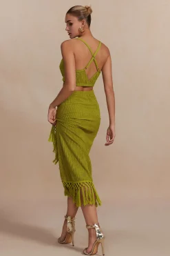 MICAS Skirt Sets-Solid Cowl Neck Top And Fringe Ruched Skirt Set LIME