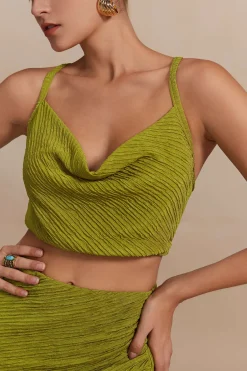 MICAS Skirt Sets-Solid Cowl Neck Top And Fringe Ruched Skirt Set LIME