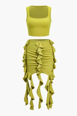 MICAS Skirt Sets-Solid Crop Tank Top And Ruffle Skirt Set GREEN