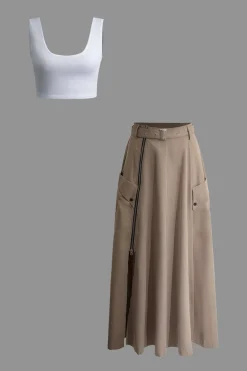 MICAS Skirt Sets-Solid Crop Tank Top And Zipper Pocket Pleated Skirt Set
