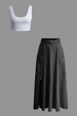 MICAS Skirt Sets-Solid Crop Tank Top And Zipper Pocket Pleated Skirt Set