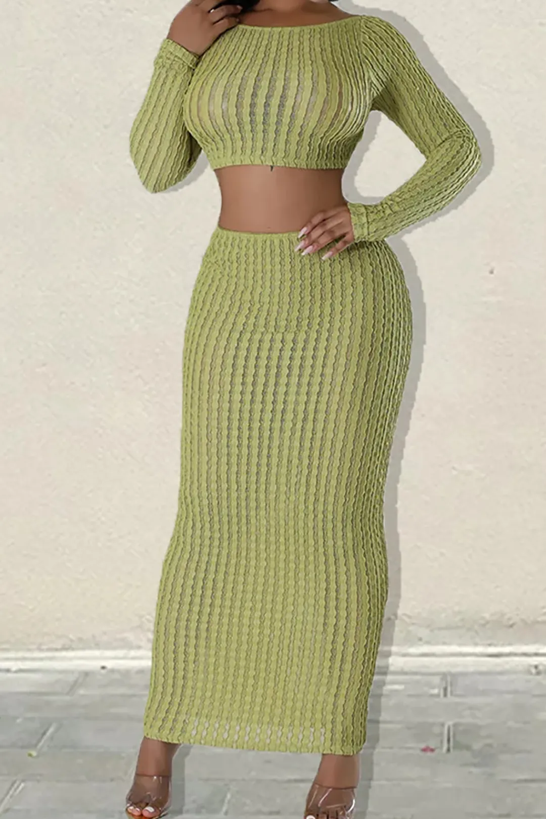 MICAS Skirt Sets-Solid Crossed Backless Top And Skirt Set LIGHT GREEN