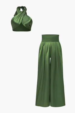 MICAS Pant Sets|Vacation Sets-Solid Crossed Backless Top And Wide Leg Trousers Set GREEN