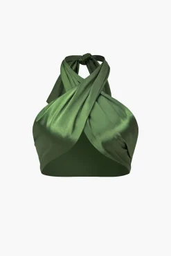 MICAS Pant Sets|Vacation Sets-Solid Crossed Backless Top And Wide Leg Trousers Set GREEN