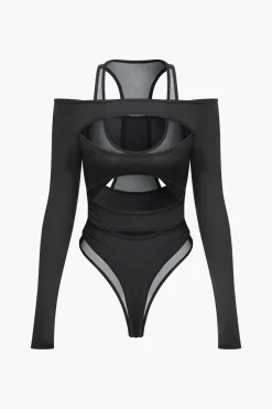 MICAS Bodysuits-Solid Crossed Cut Out Sheer Bodysuit BLACK