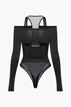 MICAS Bodysuits-Solid Crossed Cut Out Sheer Bodysuit BLACK