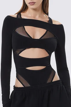 MICAS Bodysuits-Solid Crossed Cut Out Sheer Bodysuit BLACK