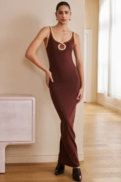 MICAS Maxi Dresses-Solid Cut Out Color Block Maxi Dress BROWN